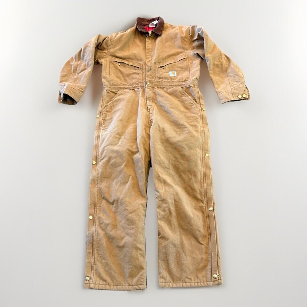 Vtg Carhartt Coveralls Mens Brown Duck Canvas Quilt Lined Size 44 Short X01 USA